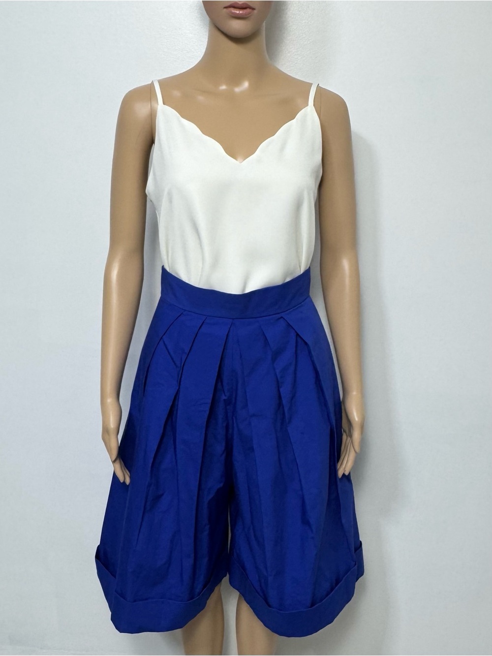 Delpozo Pleated Royal Blue Culottes/Shorts 100% Cotton Made in Spain EU 36/Small